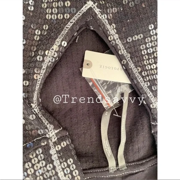 ANTHROPOLOGIE Sequined Hoodie Side Slit Sweater Tunic Pullover Top Black XS NWT - Picture 12 of 13